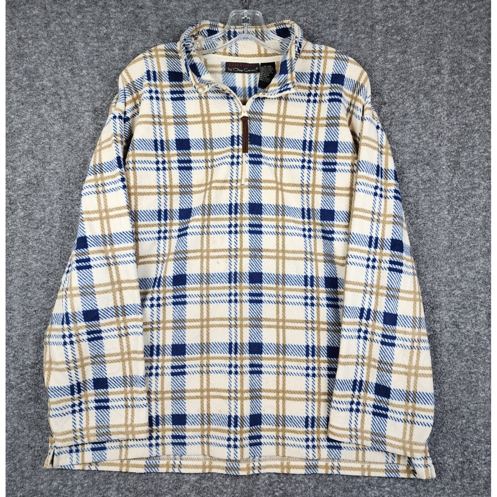 Oleg Cassini Fleece Pullover Mens XL Cream Blue Tan Plaid Quarter Zip Essentials